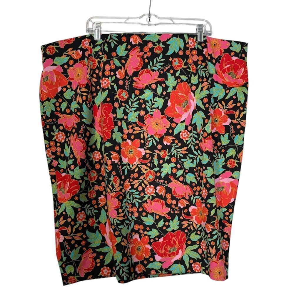 Lane Bryant Midi Straight Skirt Floral STRETCHY Size 26 Red Pink Green Summer